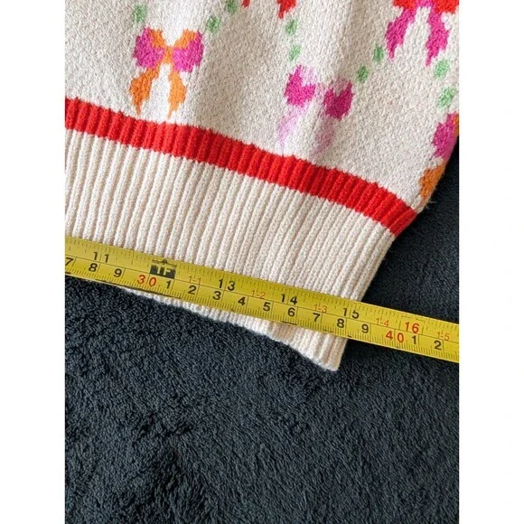 NWT Bow Print Coquette Artsy Cream Sweater Colorful Preppy - Picture 13 of 15